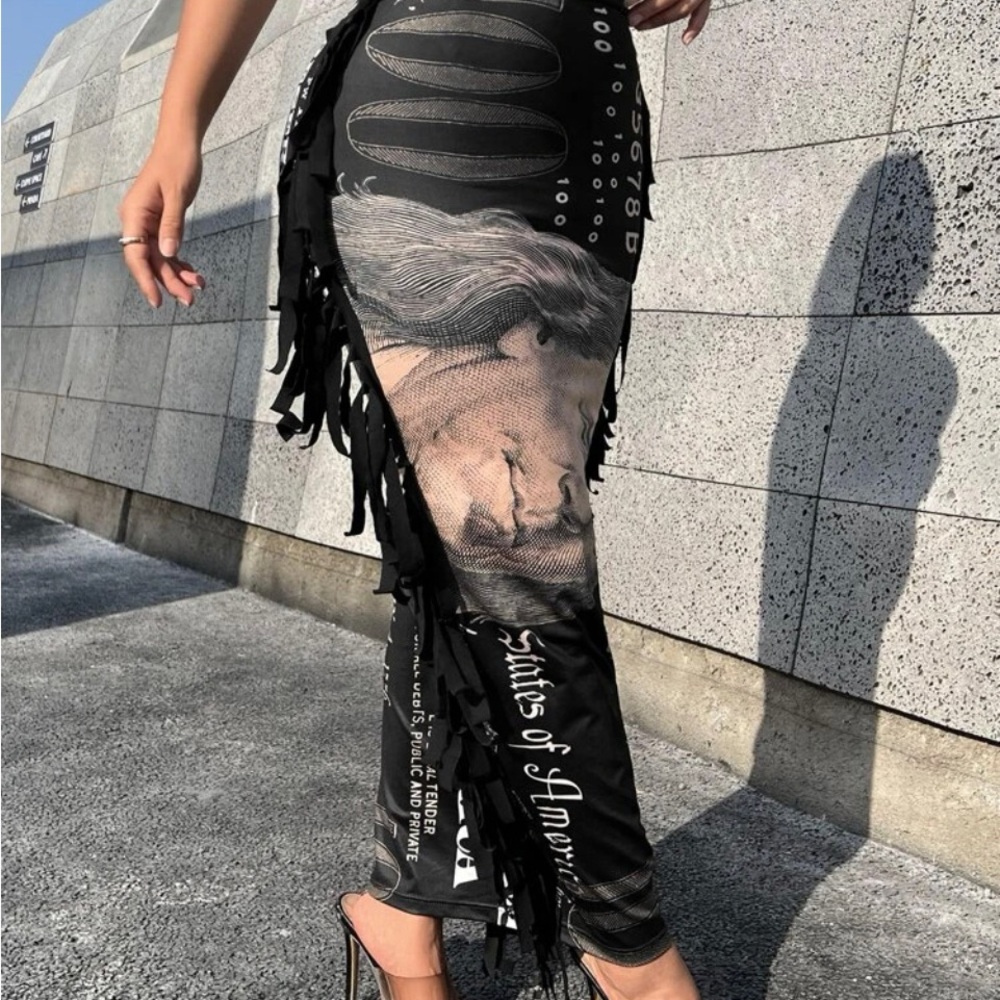 SHEIN SXY dollar print fringe trim maxi skirt - Picture 2 of 6